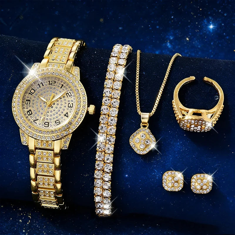 Gold Watch Fashion Ladies Quartz Diamond Wristwatch Elegant Female Bracelet Watches Set Reloj Mujer