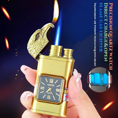 Clock Double Flame Creative Butane Gas Lighter Metal Convenient Outdoor Windproof Turbine Torch Jet Recycling Lighter