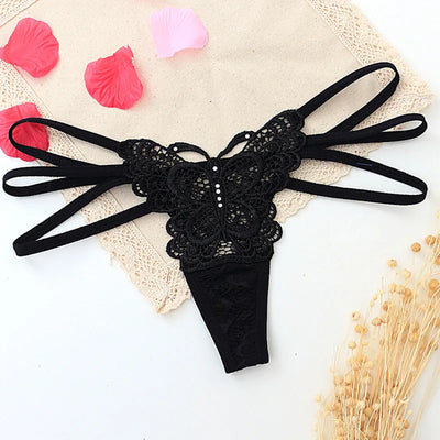 G-string Double Thin Straps Panties Lace Hollowed High Slit Thongs Butterfly Fun Underwear T-back Underpants