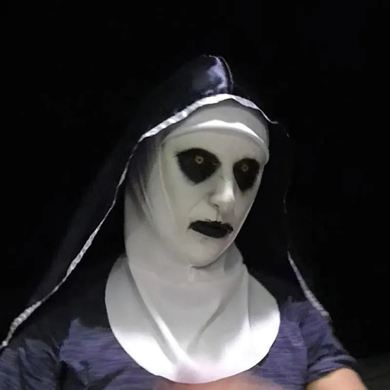 Creepy latex nun mask Valak with attached head covering  for Halloween cosplay