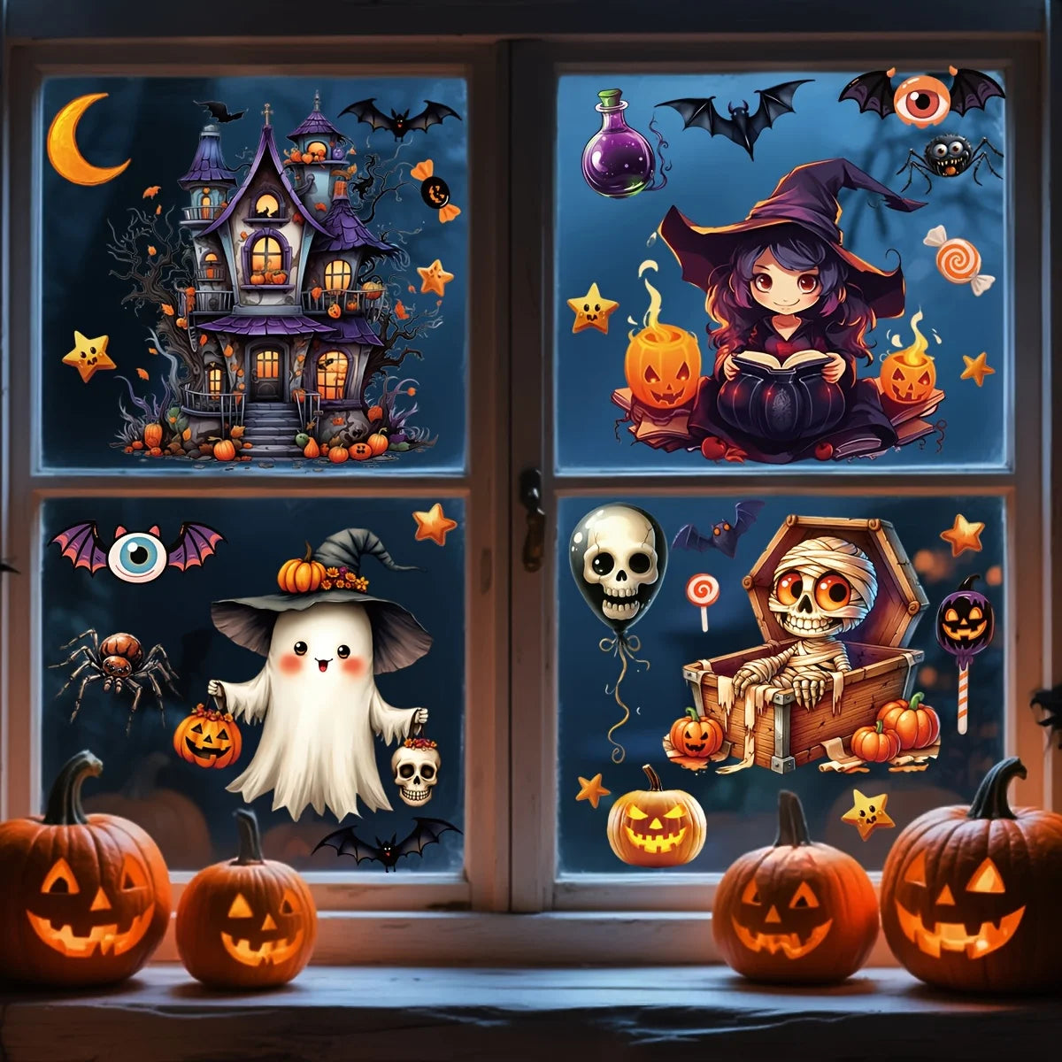 Halloween Window Sticker Set- PVC Static Cling Halloween Decals with Castle Bats Witch Pumpkins