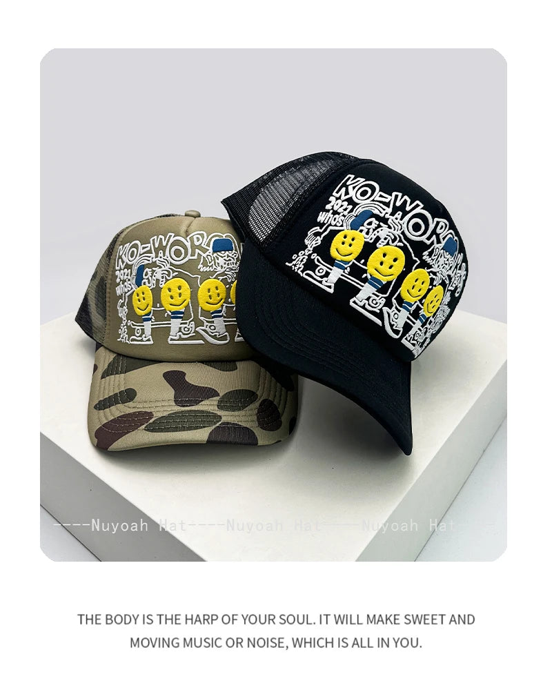 3D Printed Letter Smiling Face Baseball Hats Color Block Sunshade Hip Hop Breathable Trucker Caps Mesh