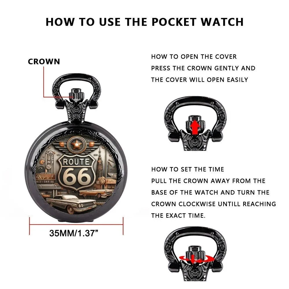 Route 66 American The Mother Road Pocket Watch Design, Precise Quartz Movement Watch Gift