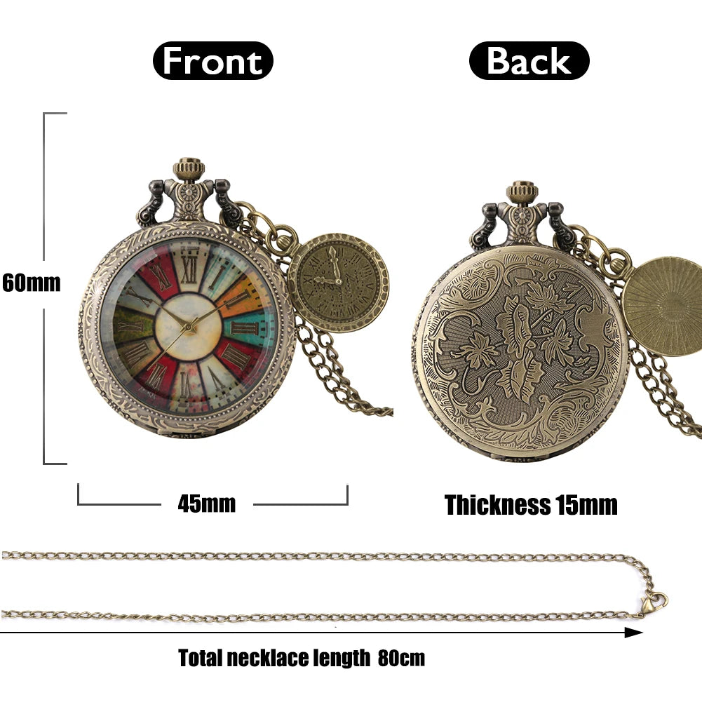 Roman Numeral Glass Colorful Dial Pocket Watch With Roman Label Necklace Pendant Quartz Clock Gift Men and Women