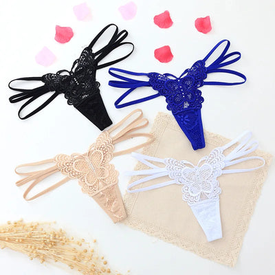 G-string Double Thin Straps Panties Lace Hollowed High Slit Thongs Butterfly Fun Underwear T-back Underpants