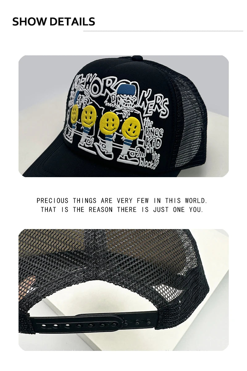 3D Printed Letter Smiling Face Baseball Hats Color Block Sunshade Hip Hop Breathable Trucker Caps Mesh