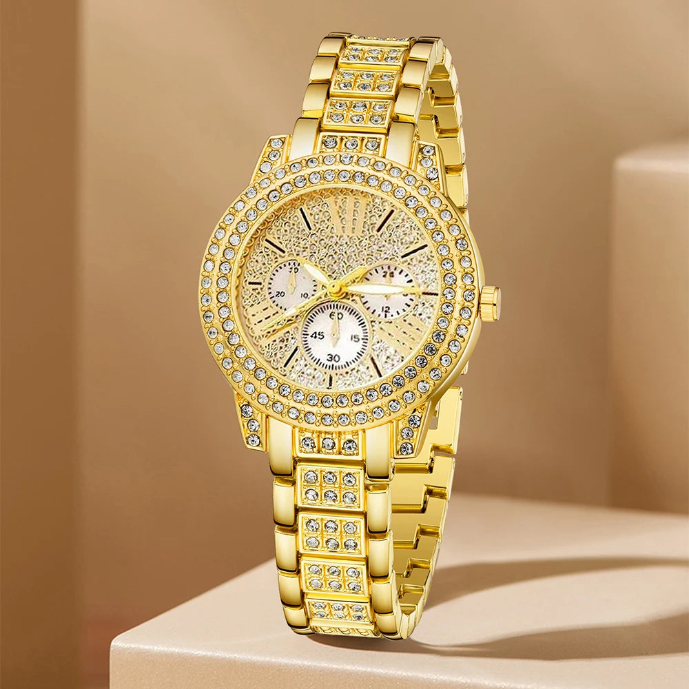 Quartz Watch Gold Luxury Women Ring Necklace Earring Rhinestone Fashion Wristwatch Casual Ladies Watches Jewelry Set ﻿
