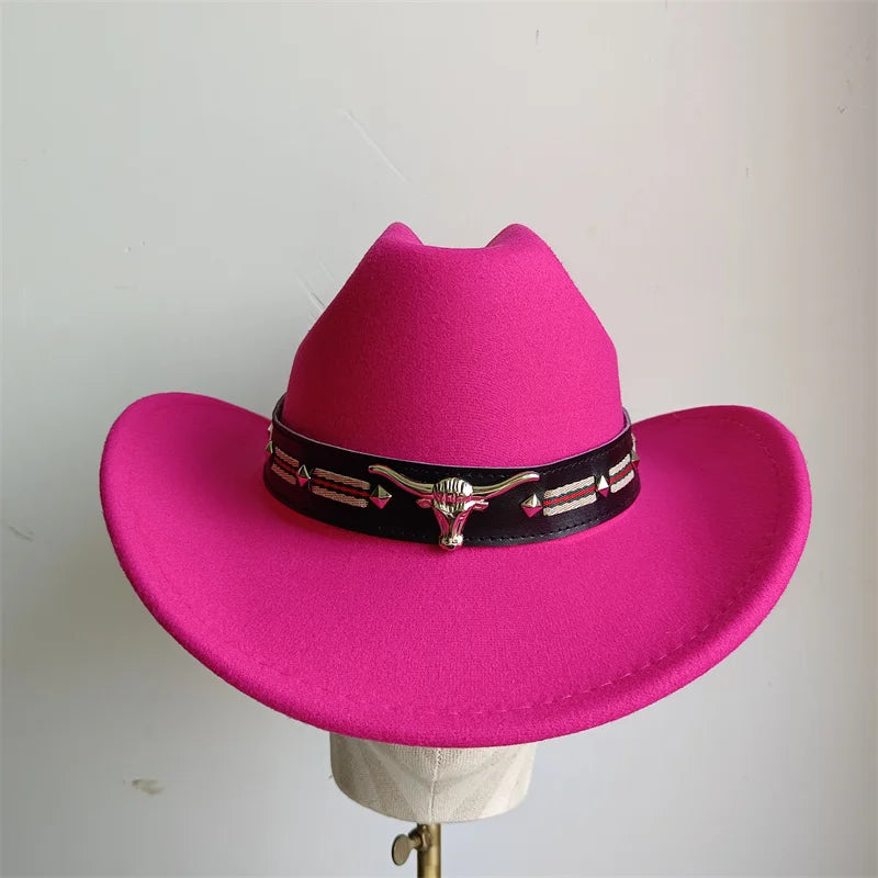 Cowboy Hat Fashion Chic Unisex Solid Color Jazz Hat With Bull Shaped Decor Western Cowboy Hats