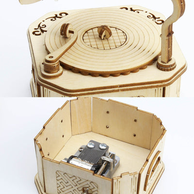 3D Wooden Gramophone Music Box Puzzles Construction Models Set Toys DIY Assembling Machnical Christmas Gift