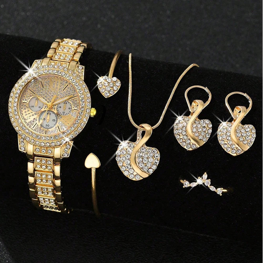 Quartz Watch Gold Luxury Women Ring Necklace Earring Rhinestone Fashion Wristwatch Casual Ladies Watches Jewelry Set ﻿
