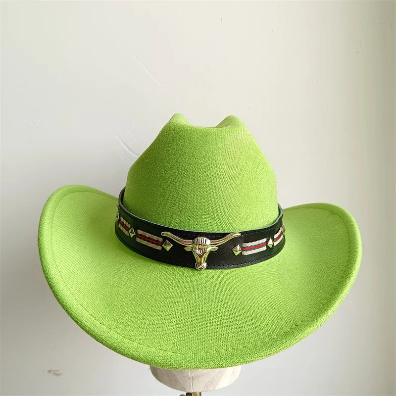 Cowboy Hat Fashion Chic Unisex Solid Color Jazz Hat With Bull Shaped Decor Western Cowboy Hats