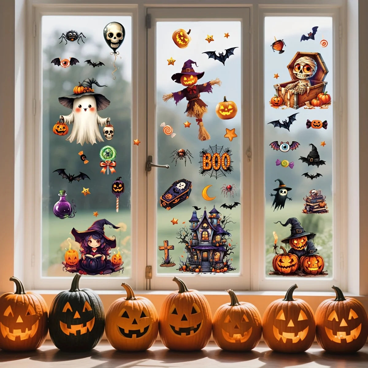 Halloween Window Sticker Set- PVC Static Cling Halloween Decals with Castle Bats Witch Pumpkins