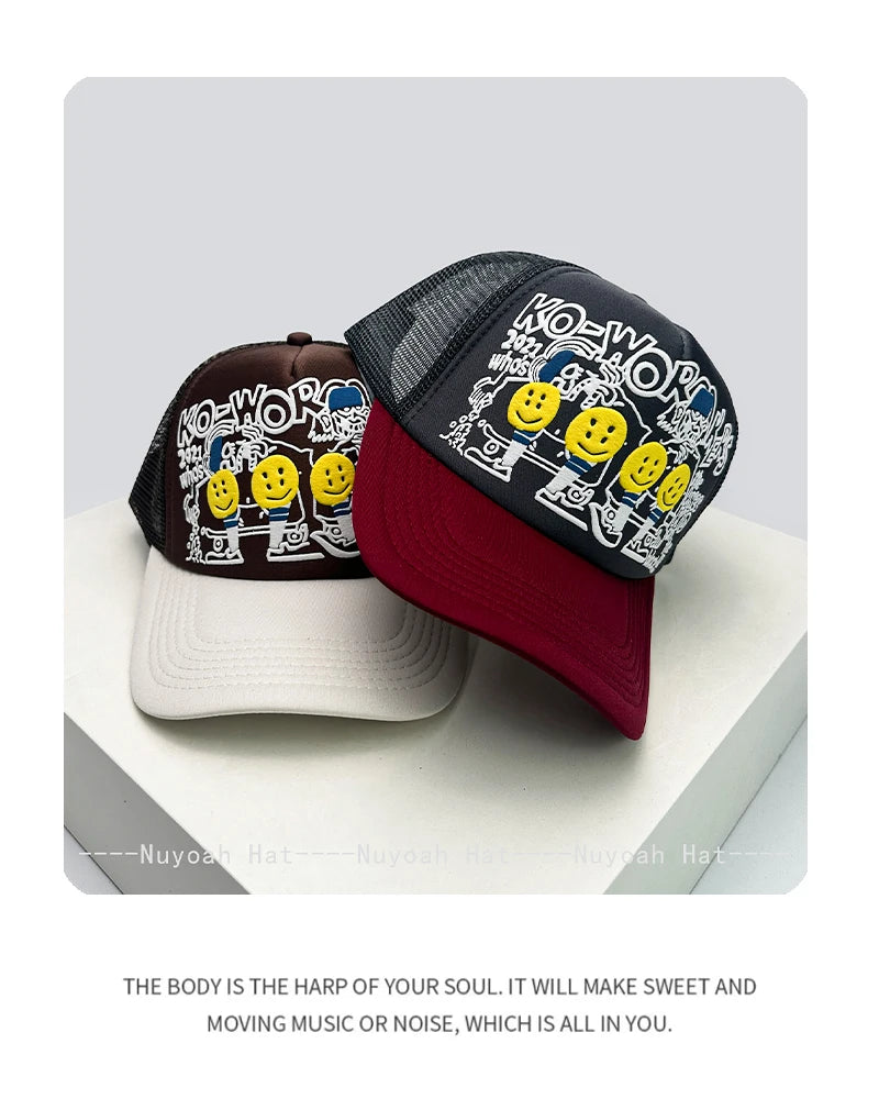 3D Printed Letter Smiling Face Baseball Hats Color Block Sunshade Hip Hop Breathable Trucker Caps Mesh