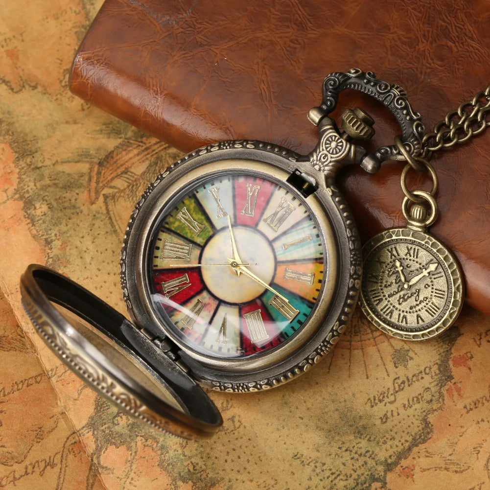 Roman Numeral Glass Colorful Dial Pocket Watch With Roman Label Necklace Pendant Quartz Clock Gift Men and Women