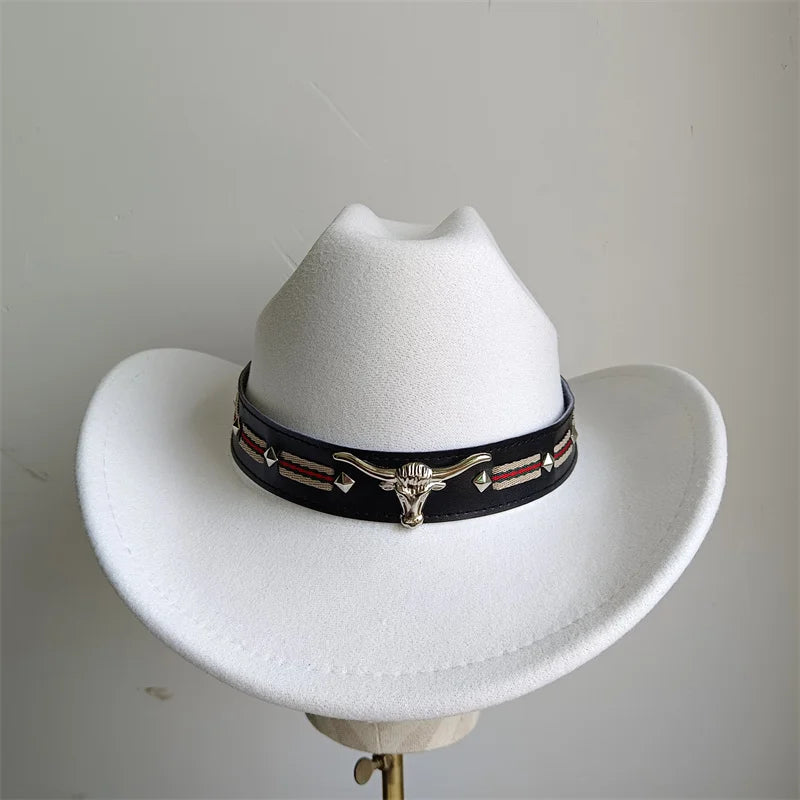 Cowboy Hat Fashion Chic Unisex Solid Color Jazz Hat With Bull Shaped Decor Western Cowboy Hats