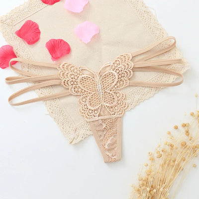 G-string Double Thin Straps Panties Lace Hollowed High Slit Thongs Butterfly Fun Underwear T-back Underpants