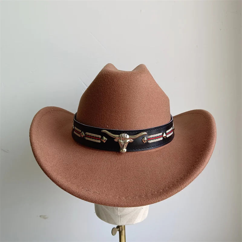 Cowboy Hat Fashion Chic Unisex Solid Color Jazz Hat With Bull Shaped Decor Western Cowboy Hats
