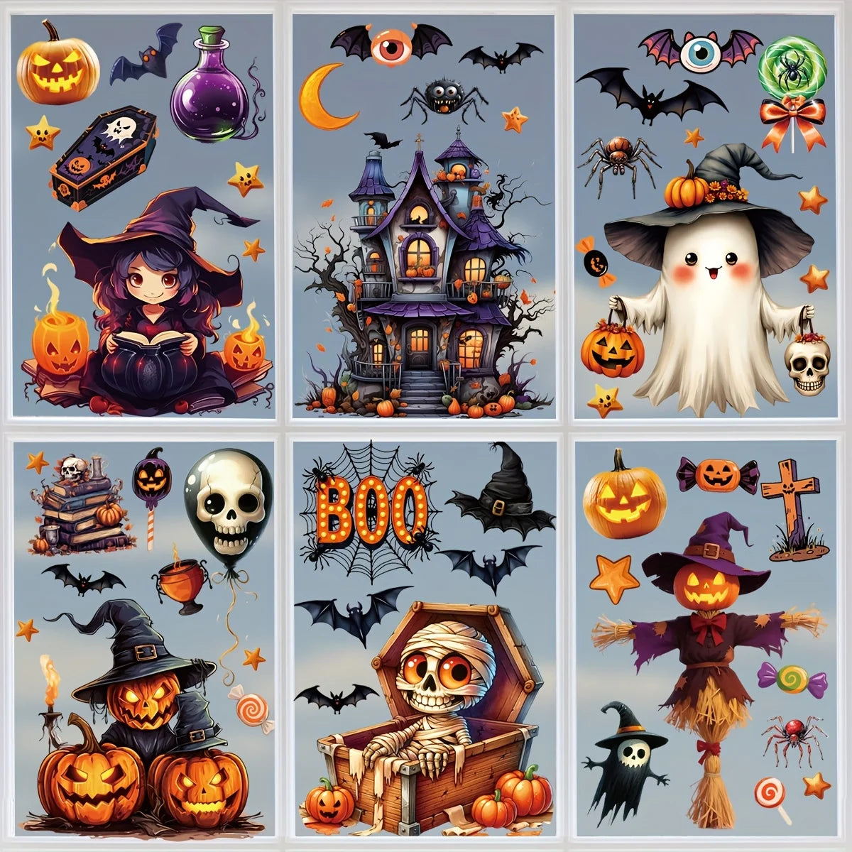 Halloween Window Sticker Set- PVC Static Cling Halloween Decals with Castle Bats Witch Pumpkins