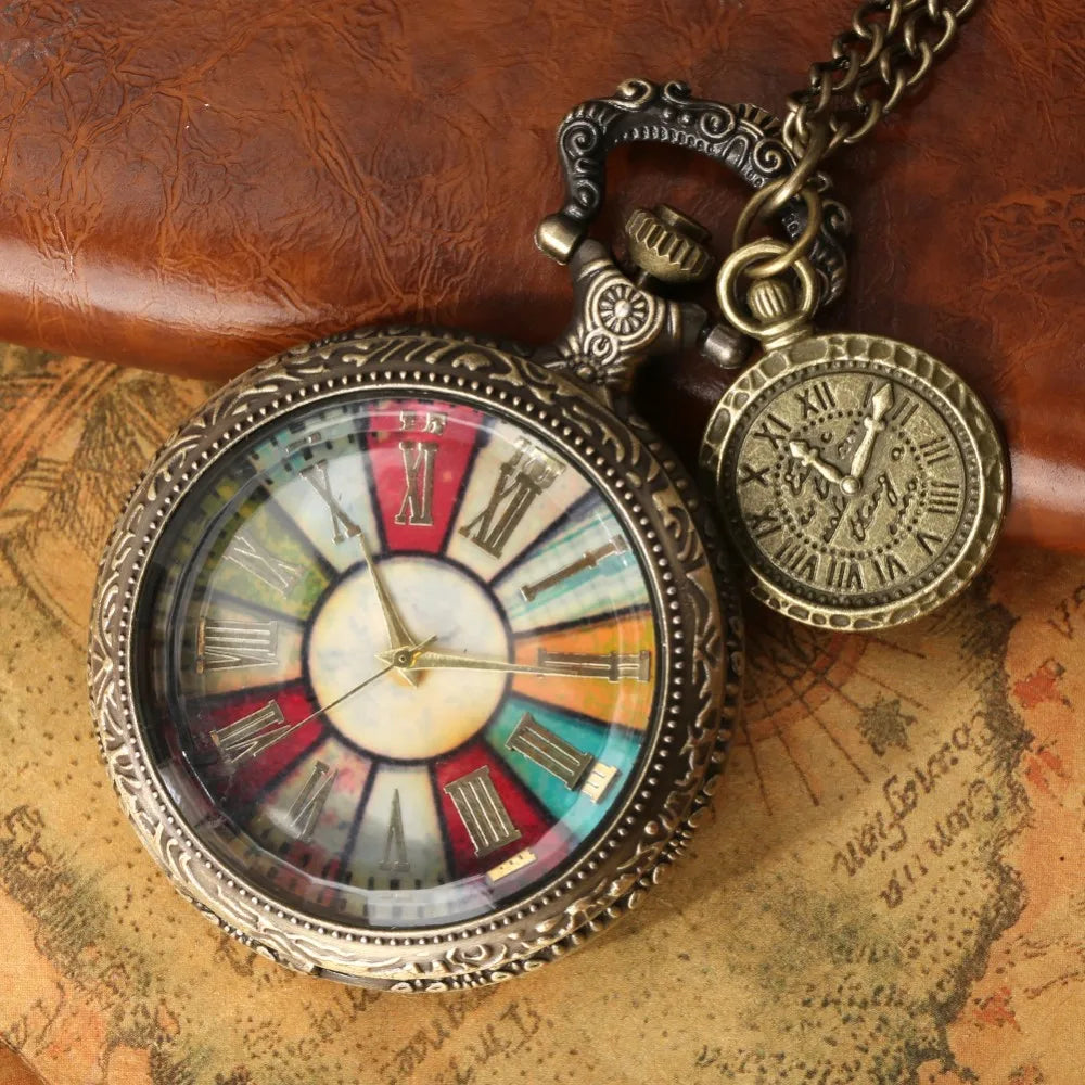 Roman Numeral Glass Colorful Dial Pocket Watch With Roman Label Necklace Pendant Quartz Clock Gift Men and Women