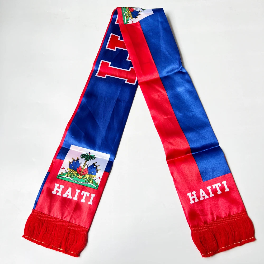 2026 Flag Scarf14x135cm Double-sided Printed Satin Haiti Flag Scarf Tassels Suitable for Football, Sports