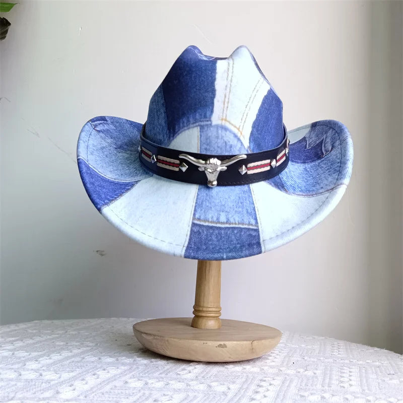Cowboy Hat Fashion Chic Unisex Solid Color Jazz Hat With Bull Shaped Decor Western Cowboy Hats