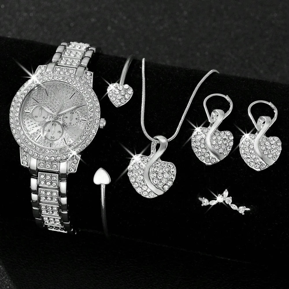 Quartz Watch Gold Luxury Women Ring Necklace Earring Rhinestone Fashion Wristwatch Casual Ladies Watches Jewelry Set ﻿