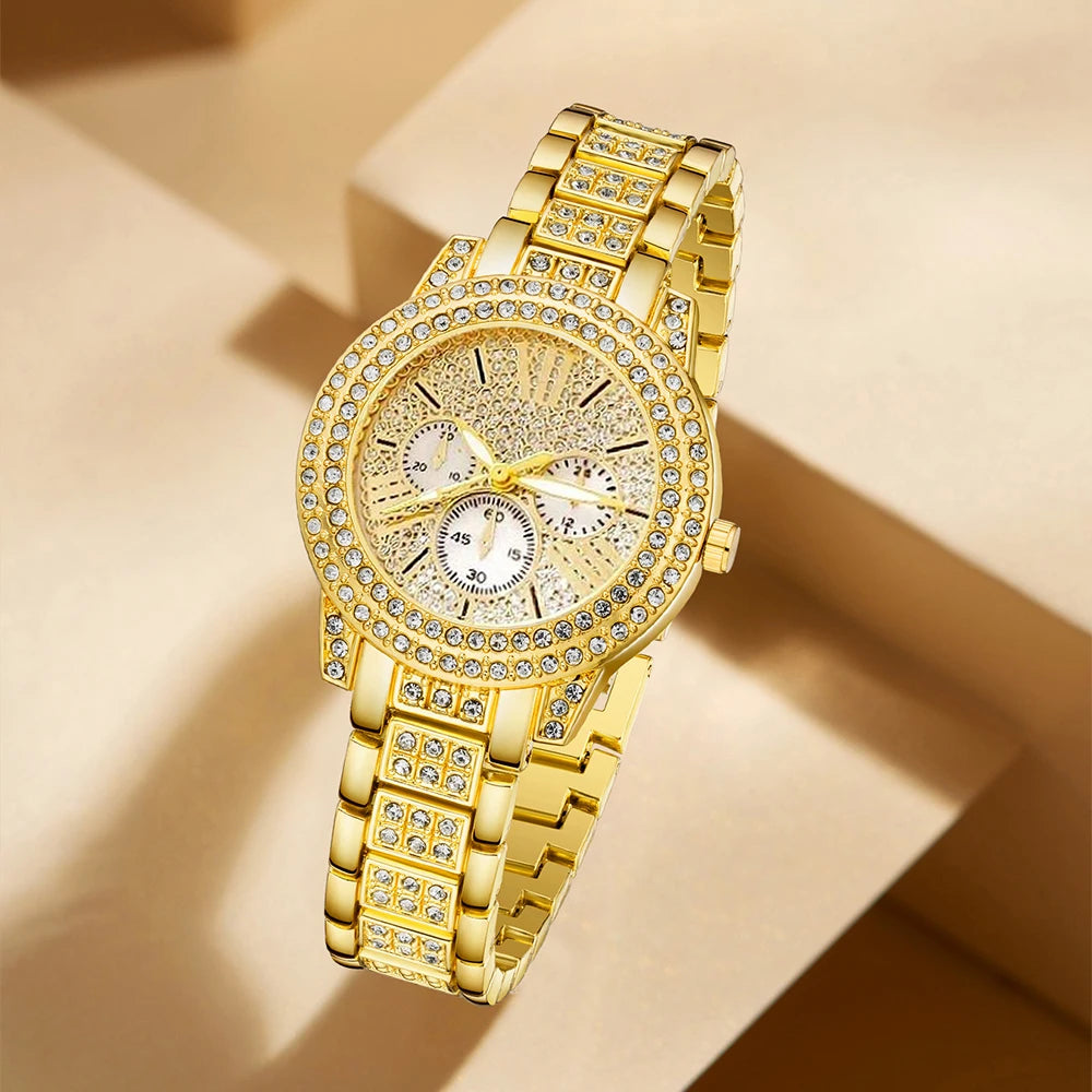 Quartz Watch Gold Luxury Women Ring Necklace Earring Rhinestone Fashion Wristwatch Casual Ladies Watches Jewelry Set ﻿