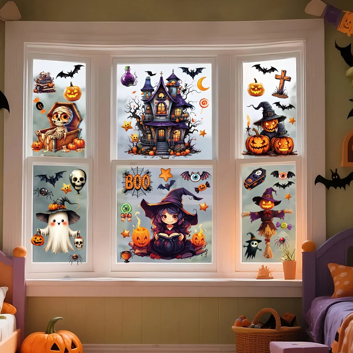 Halloween Window Sticker Set- PVC Static Cling Halloween Decals with Castle Bats Witch Pumpkins