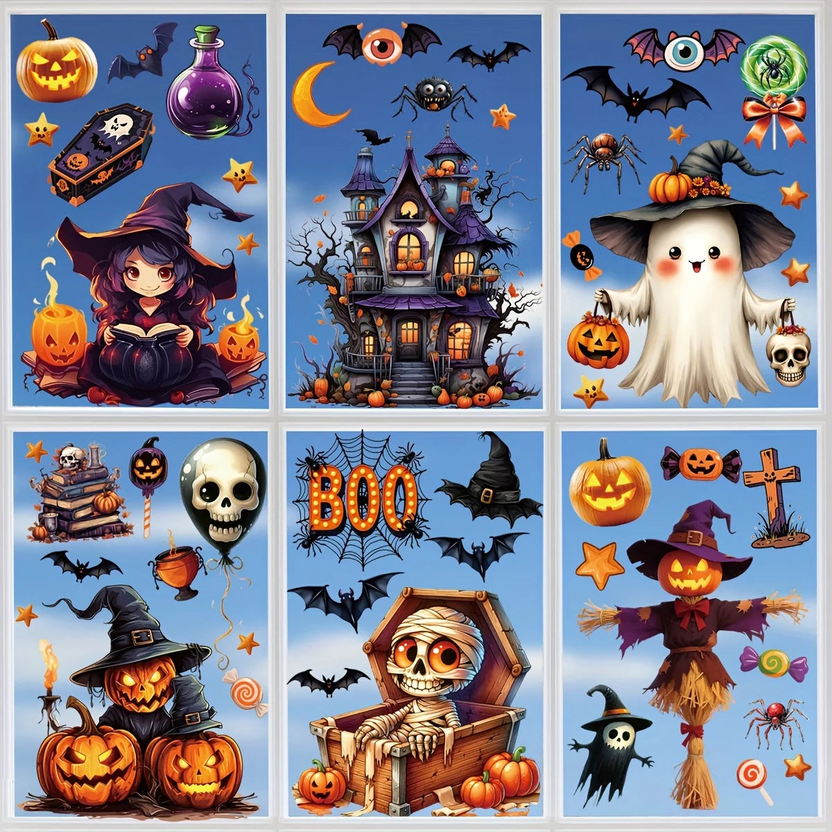 Halloween Window Sticker Set- PVC Static Cling Halloween Decals with Castle Bats Witch Pumpkins