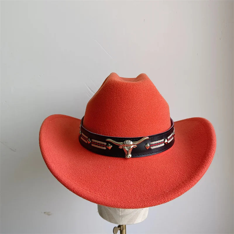 Cowboy Hat Fashion Chic Unisex Solid Color Jazz Hat With Bull Shaped Decor Western Cowboy Hats