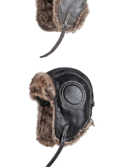 Hat Men Women's Pilot Aviator Bomber Trapper Hat Faux Fur Leather Snow Cap with Ear Flaps Pilot Winter Bomber Hat