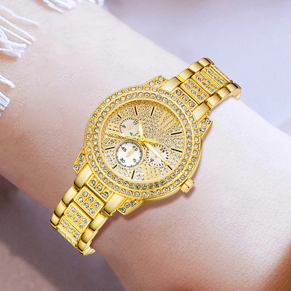 Quartz Watch Gold Luxury Women Ring Necklace Earring Rhinestone Fashion Wristwatch Casual Ladies Watches Jewelry Set ﻿