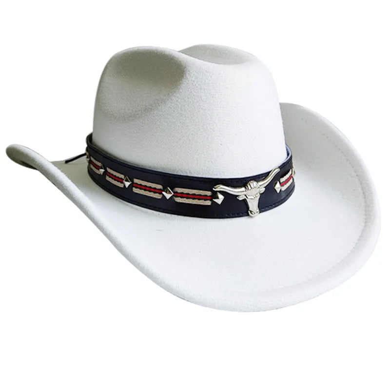 Cowboy Hat Fashion Chic Unisex Solid Color Jazz Hat With Bull Shaped Decor Western Cowboy Hats