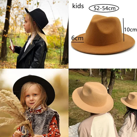 Fedoras Hats Boys Girls Small 52cm 54cm Felted Kids Hats Solid Camel Black Dress Formal Panama Women Hats