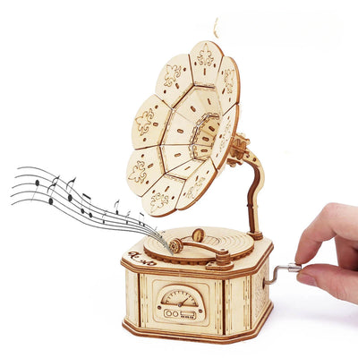 3D Wooden Gramophone Music Box Puzzles Construction Models Set Toys DIY Assembling Machnical Christmas Gift