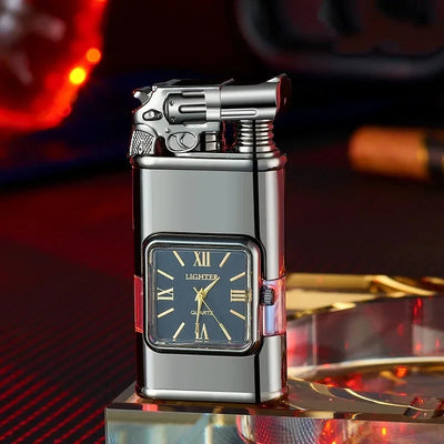 Clock Double Flame Creative Butane Gas Lighter Metal Convenient Outdoor Windproof Turbine Torch Jet Recycling Lighter