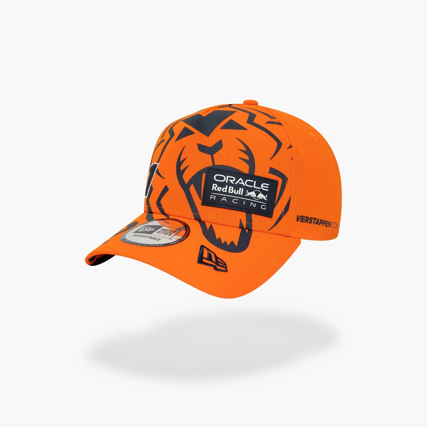 Orange cap with black graphics and branding on a white background