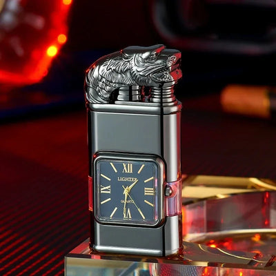 Clock Double Flame Creative Butane Gas Lighter Metal Convenient Outdoor Windproof Turbine Torch Jet Recycling Lighter