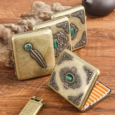 Vintage Metal Cigarette Case Box with Double Sided Spring Clip Open Retro Cigarete Case for Regular 20 Cigarettes Men Gifts