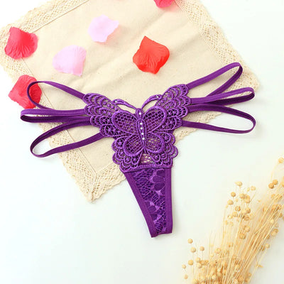 G-string Double Thin Straps Panties Lace Hollowed High Slit Thongs Butterfly Fun Underwear T-back Underpants