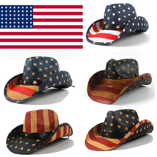 American Flag Cowboy Hats For Men Wide Brim Usa Cowgirl Chapeau Homme Cap Usa Flag Straw Cowboy Hat