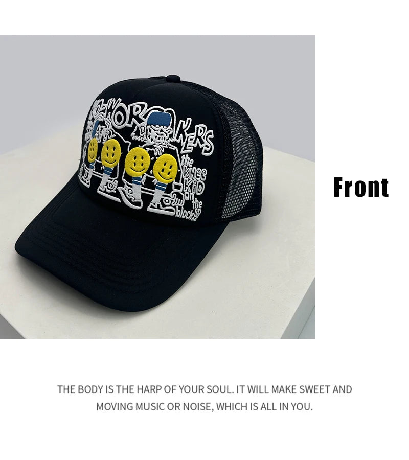 3D Printed Letter Smiling Face Baseball Hats Color Block Sunshade Hip Hop Breathable Trucker Caps Mesh