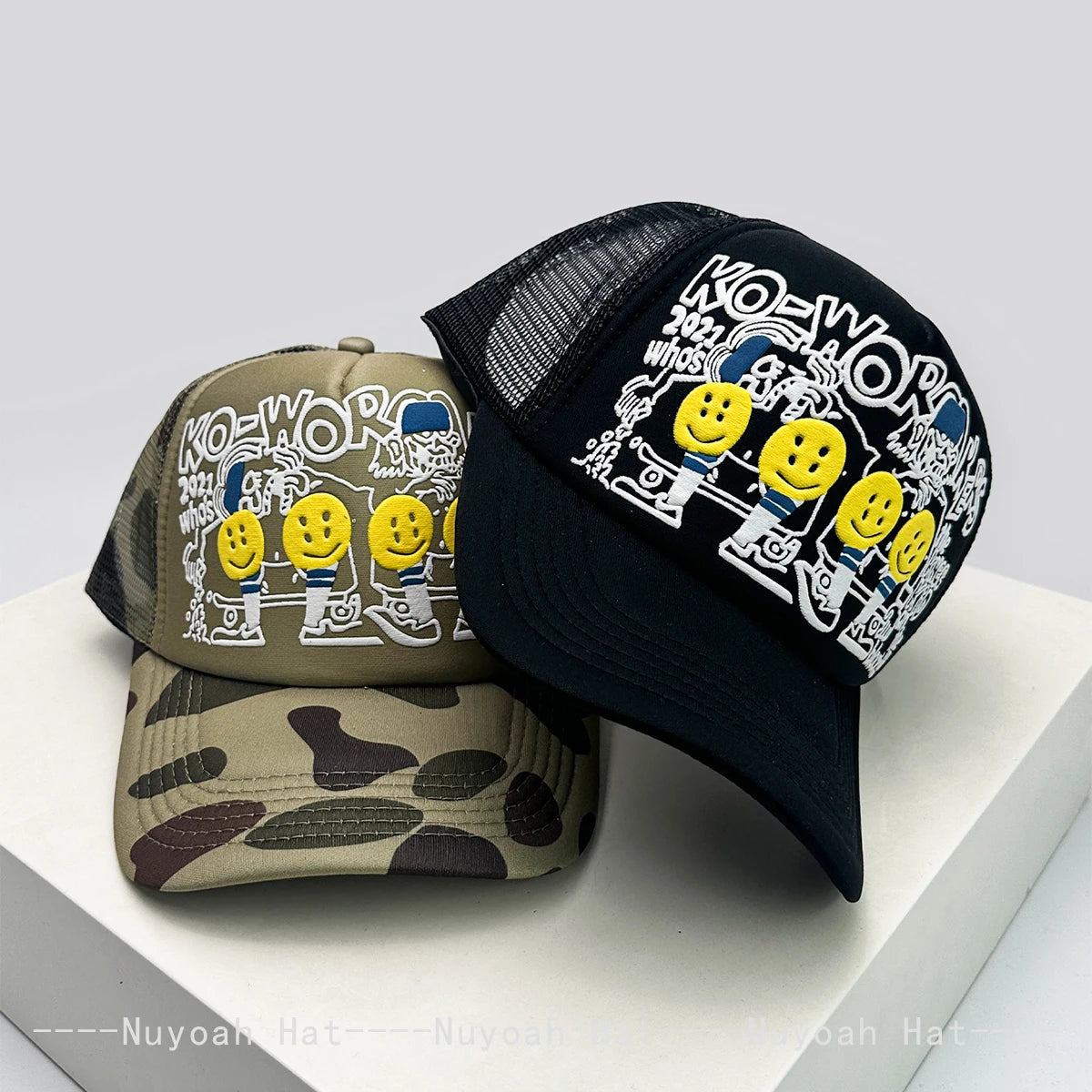 3D Printed Letter Smiling Face Baseball Hats Color Block Sunshade Hip Hop Breathable Trucker Caps Mesh