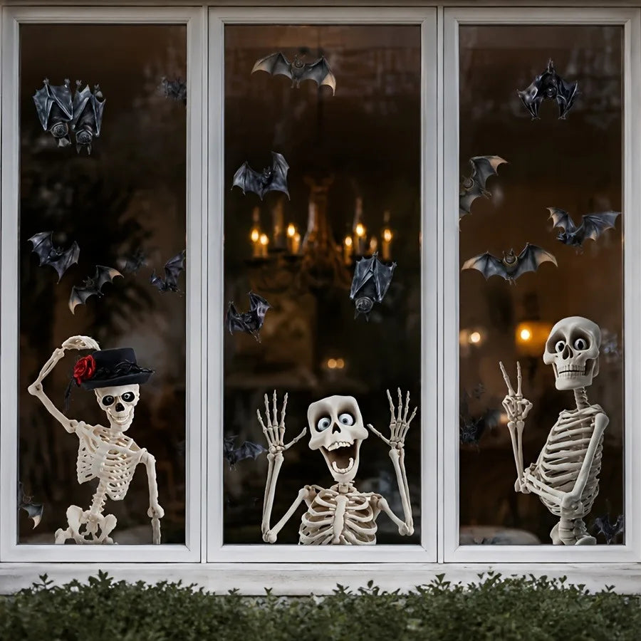 4 pieces / set. Fun and scary skull bat Halloween static cling window stickers.
