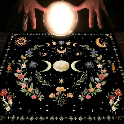 Tarot tablecloth, altar cloth, moon phase, sun, starry sky, flowers, witchcraft, altar ritual decoration props