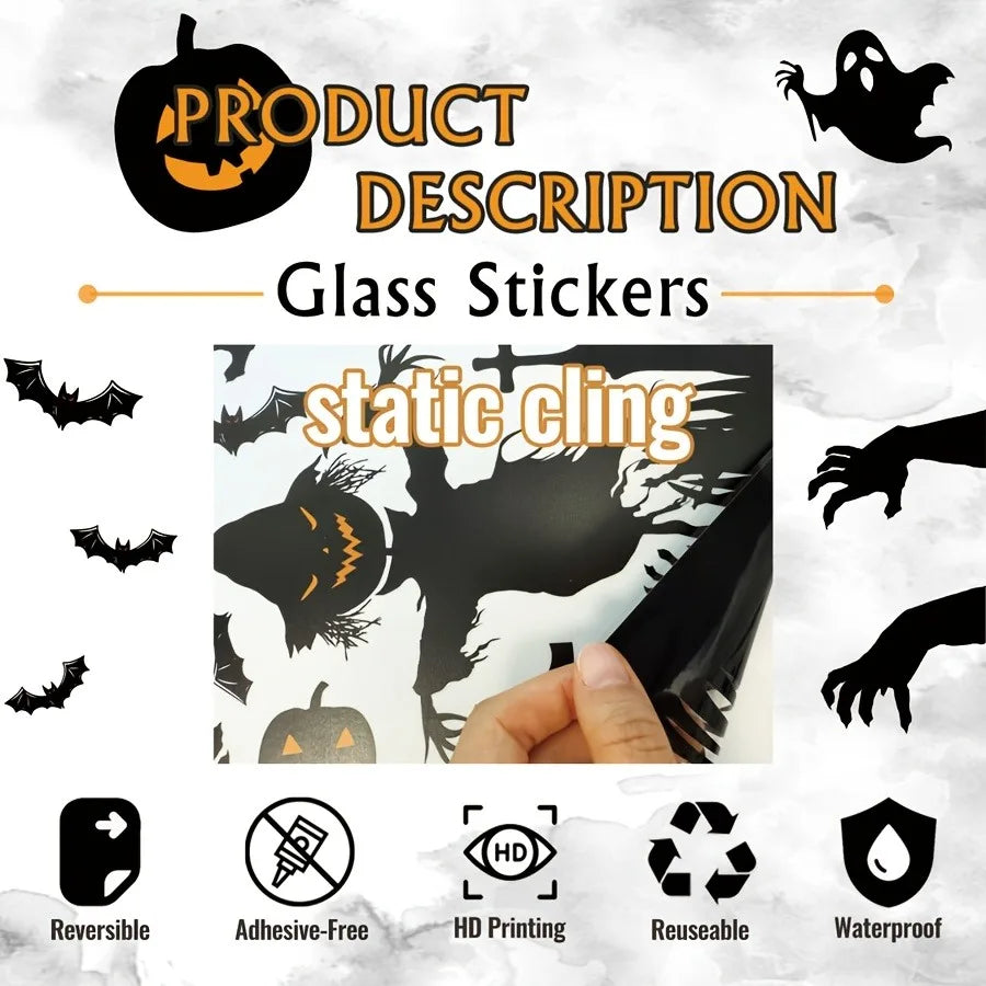 4 pieces / set. Fun and scary skull bat Halloween static cling window stickers.