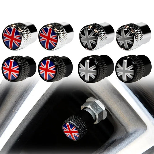 Set of tire valve stem caps with Union Jack design on a white background