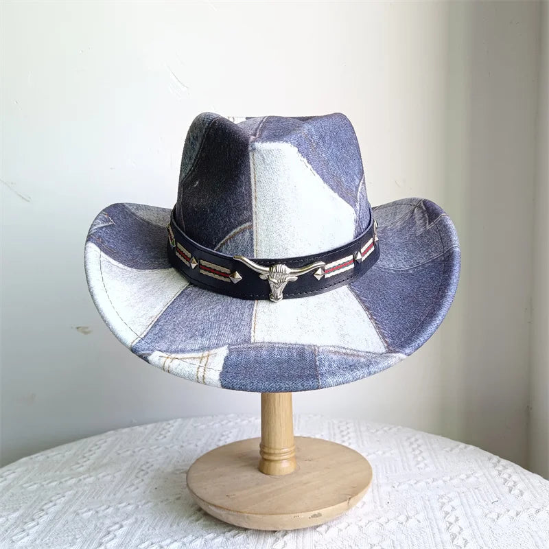Cowboy Hat Fashion Chic Unisex Solid Color Jazz Hat With Bull Shaped Decor Western Cowboy Hats