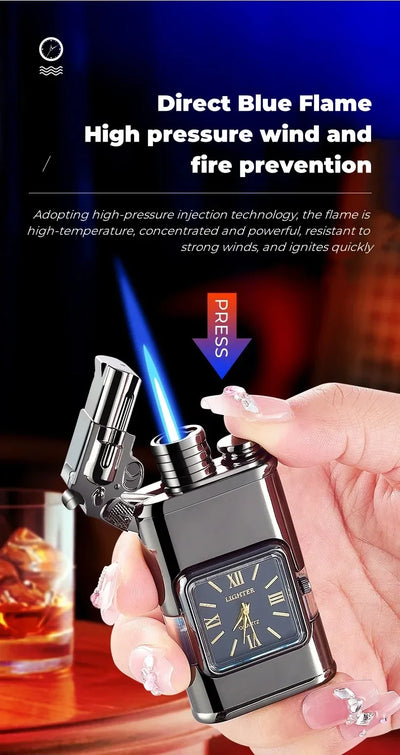 Clock Double Flame Creative Butane Gas Lighter Metal Convenient Outdoor Windproof Turbine Torch Jet Recycling Lighter