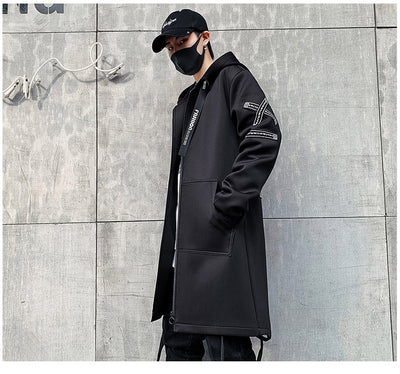 Hooded Jackets Print Harajuku Windbreaker Ribbon Overcoat Male Casual Outwear Hip Hop Streetwear Coats